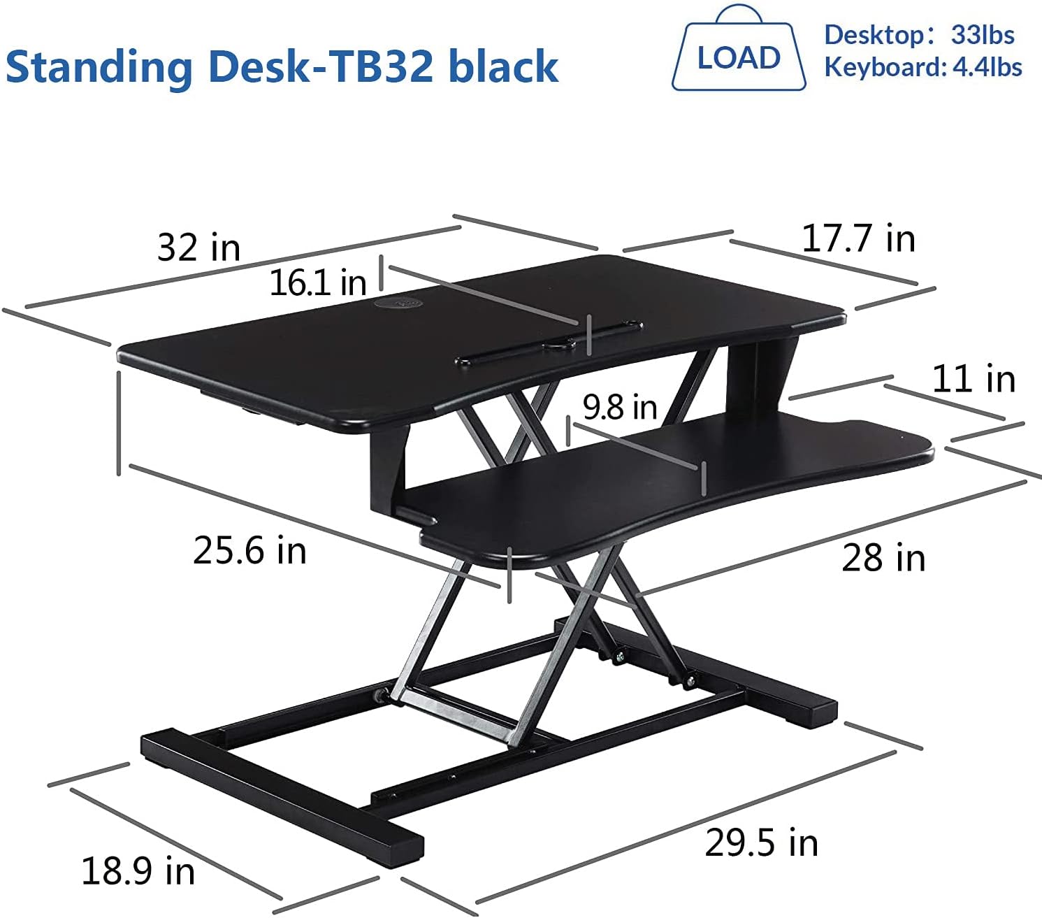 32 Inch Adjustable Height Standing Desk Converter Wide Laptop Riser or Dual Monitor Workstation, Black