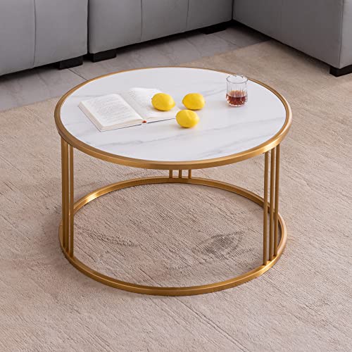 30.7" Round Coffee Table Sintered Stone End Table with Golden Stainless Steel Frame Console Table Modern Living Room Center Cocktail Table for Apartment Home Office