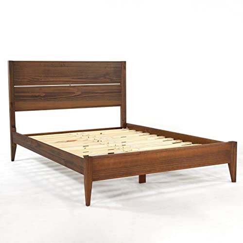 Mid Century Solid Wood Platform Bed, Queen Size, Brushed Walnut