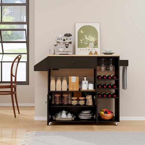 Giantex Rolling Kitchen Island Cart with Drop Leaf, Power Outlet, Spice Rack, 12 Wine Rack, Glass Holder, Drawer, Storage Cabinet, Towel Rack, Island Table for Breakfast Coffee Bar (Rustic Brown)