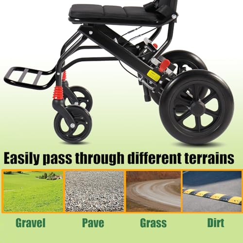 (Seat Width:16") Ultralight Lightweight Folding Wheelchair, Transport Wheelchair for Adults Support 220lbs with Foldable Pedals and Flip-Backs Arms, Handbrake & Storage Bag (12 inch PU Rear Wheel)