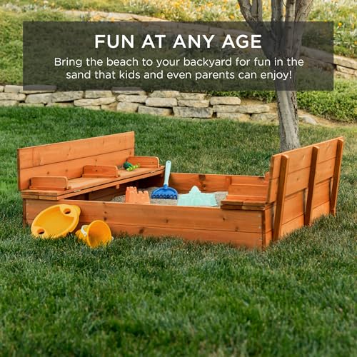 Best Choice Products Kids' Outdoor Wooden Sandbox Large, Cedar Wood with Foldable Bench Seats and Sand Protection, Bottom Liner Included - Walnut