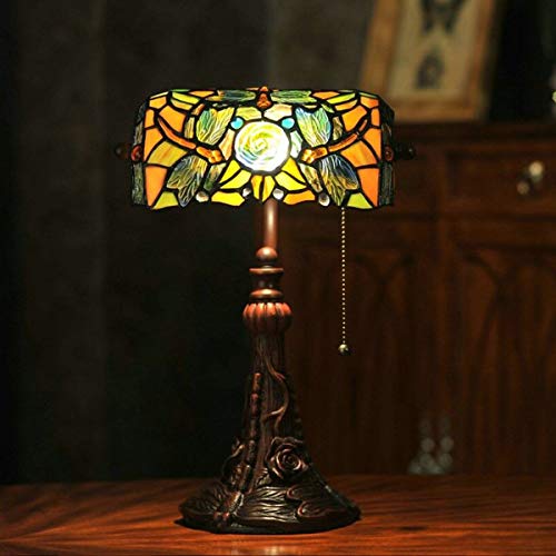 Tiffany Lamp Stained Glass Table Lamp for Living Room Side Dragonfly Piano Lamp Small 15.5" Tall Bedroom Bedside Table Lamp Chain Switch Banker's Home Office Desk Light Farmhouse Lamps