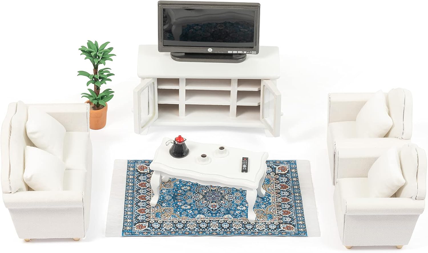 SAMCAMI Wooden Dollhouse Furniture Set - 1 12 Scale Miniature Dollhouse Living Room Set (16 Pieces), Couch, TV Cabinet, Coffee Table and Other Dollhouse Accessories (White)