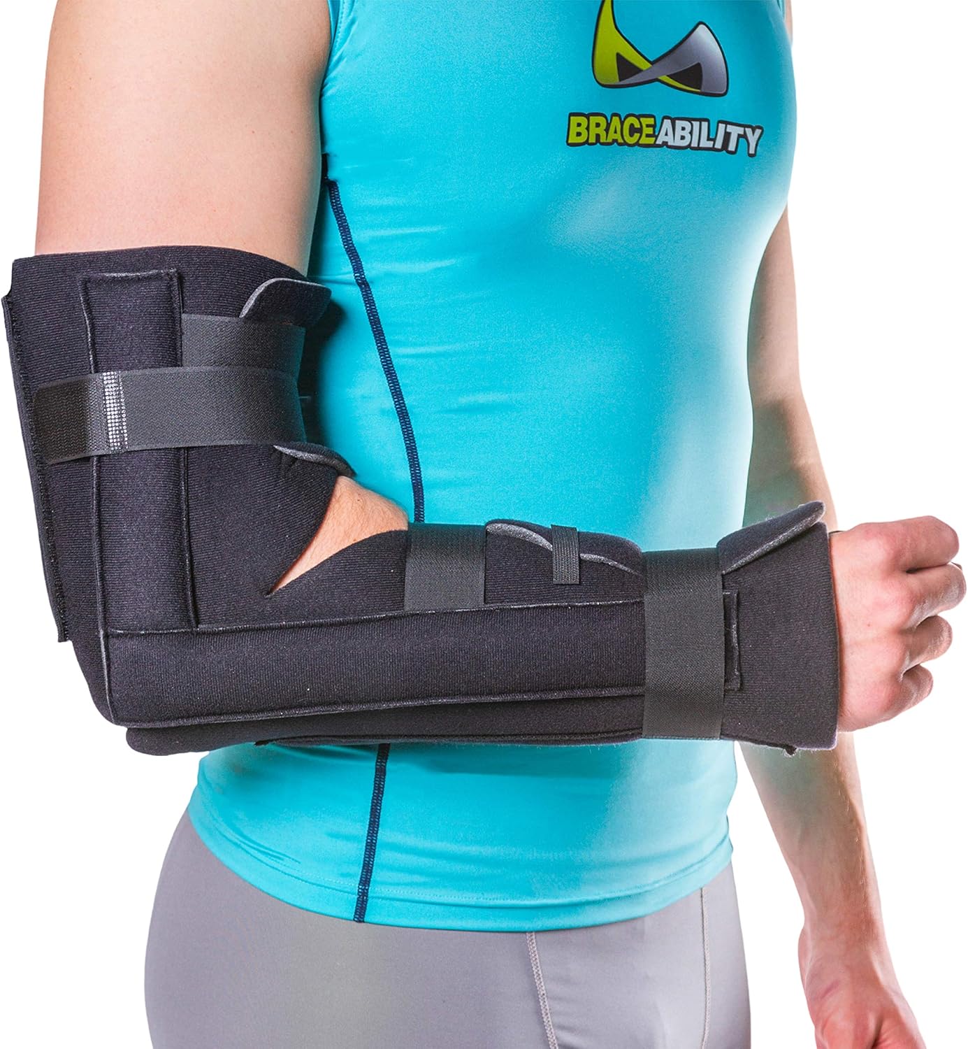 BraceAbility Elbow Immobilizer Brace | Removable Long Arm Cast and Soft Forearm Orthosis Splint for Broken Supracondylar, Distal Humerus, Proximal Ulna Fracture or Olecranon Bursitis (L/XL) Pack of 2