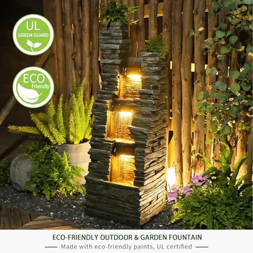 Water Fountain Outdoor Indoor - Modern Waterfall Garden Freestanding Fountain Curved Surface Artistry Design with LED Lights and Light Strip for Home Decor Patio Yard Pool,37.4 inches Tall
