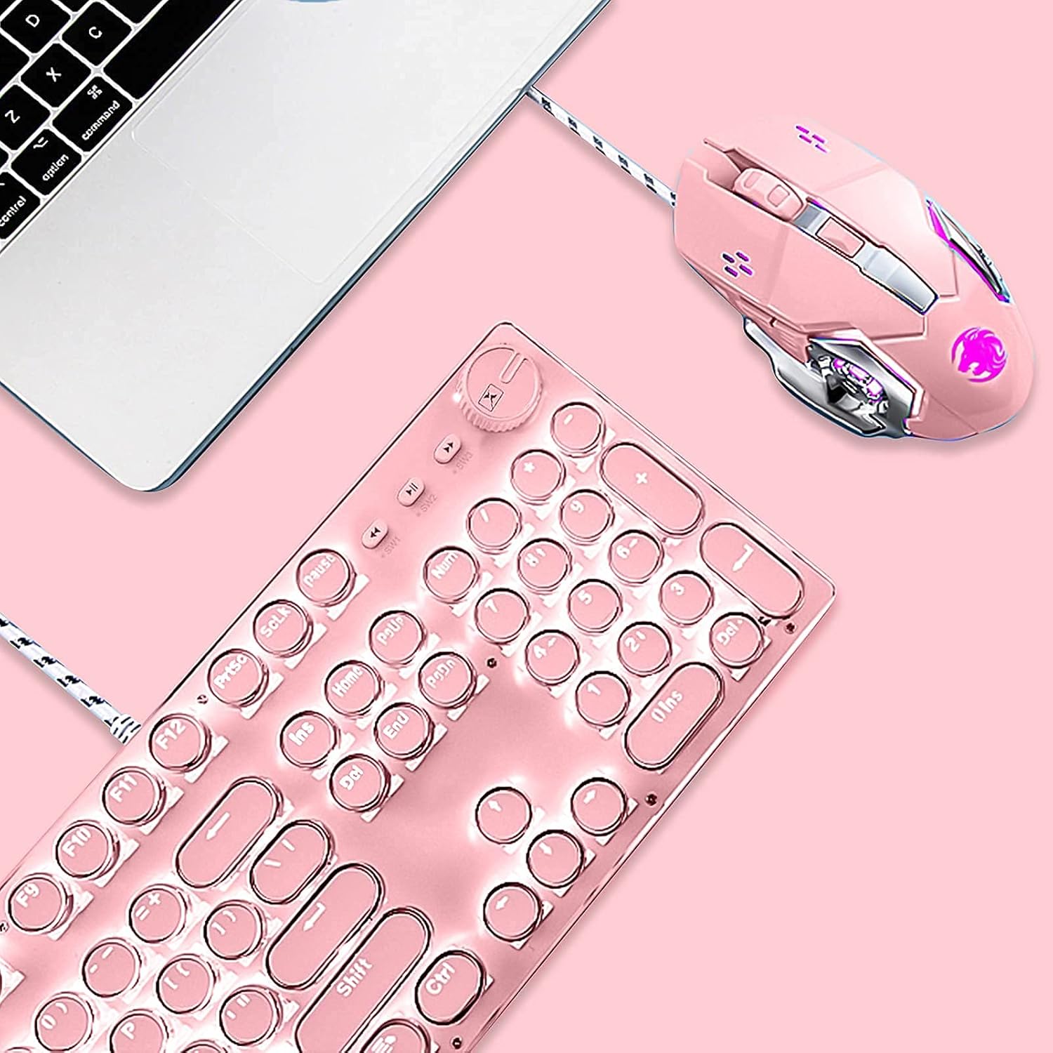 Mechanical Gaming Keyboard and Mouse Combo, Retro Typewriter-Style Wired Computer Keyboard Mouse Combo, 104 Keys White Backlight Compact PC Gaming Keyboard, Great Gift for Girls/Women (Pink)