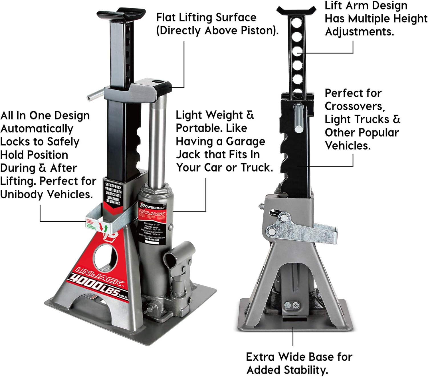 Powerbuilt 2 Ton UniJack Combination Hydraulic Bottle Jack / Jackstand in 1 Unit, Compact, Portable, Wide Base, for Unibody Sedans, CUVs, SUVs, Cars, - 620470