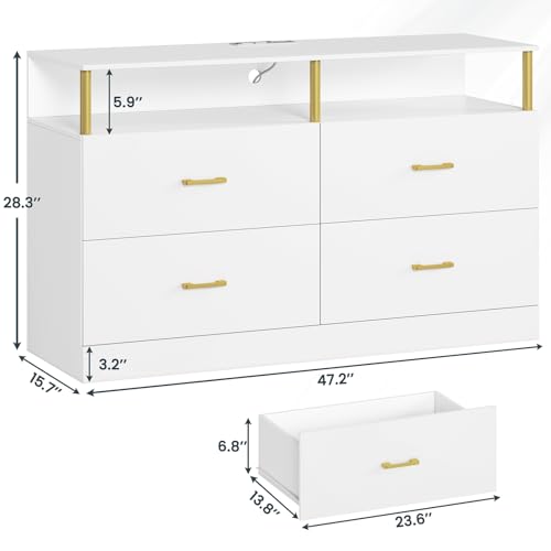 AOGLLATI White Dresser for Bedroom with Charging Station, Dressers & Chests of Drawers with Column Design, 4 Drawer Modern Bedroom Led Wide Wood Dresser for Bedroom
