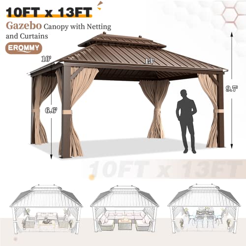 EROMMY 10' x 12' Hardtop Gazebo, Aluminum Frame Gazebos with Galvanized Steel Double Roof, Permanent Outdoor Metal Pavilion with Curtain and Netting for Patio, Lawn, Deck