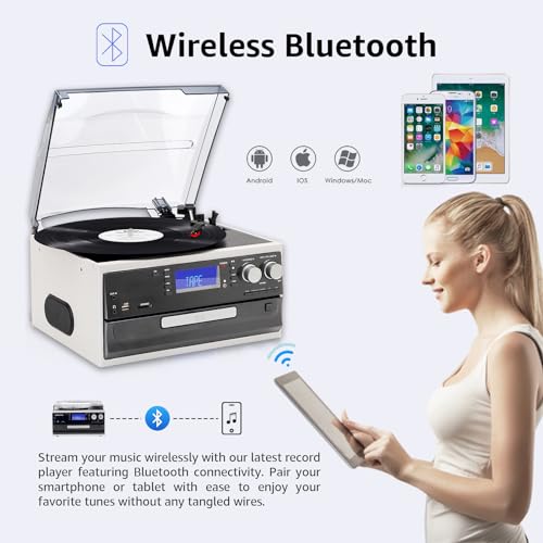 9 in 1 Record Player 3 Speeds Turntable with Seamless Bluetooth, Vinyl Phonograph with Built-in Powerful Speakers CD/Cassette, USB/SD/MMC, AM/FM Radio, AUX in/RCA Output, Black