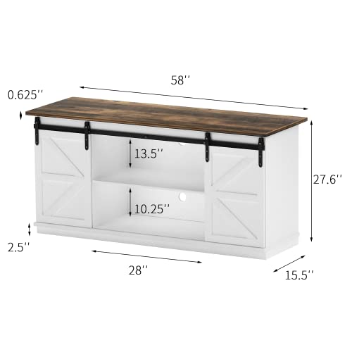 YESHOMY Farmhouse TV Stand for Televisions up to 65 Inches, Sliding Barn Doors and Storage Cabinets, Console Table and Media Furniture for Living Room, 58 Inch, Milk White