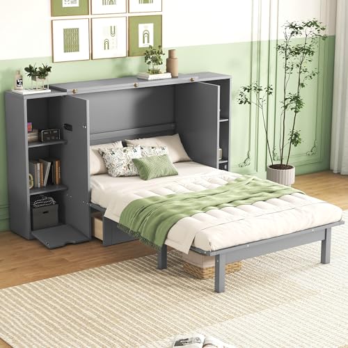 Full Size Murphy Wall Bed With Storage and Bookcase Headboard, Solid Wood Cabinets With Shelves, Drawers and USB Ports, Multi-Function Platform for Home Office, Guest Room - White