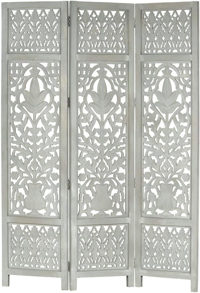 [Hand-Carved Room Divider] - Elegant 3-Panel Gray Wood Screen for Stylish Home Separation - Solid Wood Partition with Exquisite Craftsmanship-Gray (Grey)