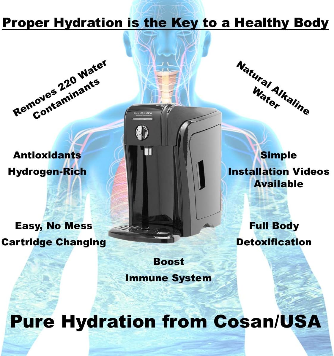 Pure Hydration Alkaline Water Machine | Alkaline Water at Home for Only $.07 per Liter | Ideal pH & Loaded with Antioxidants | Ultra Filtration Removes 99.9% of Over 220 Water Contaminants
