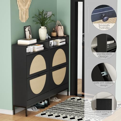 Rattan Shoe Cabinet, Shoe Storage Cabinet with 2 Flip Drawers, Hidden Shoe Storage, Slim Shoe Closet, Sneaker Storage, Shoe Organizer for Entryway, Hallway, Living Room,Black