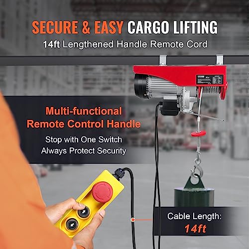 VEVOR Electric Hoist, 2200 lbs Lifting Capacity, 1600W 110V Electric Steel Wire Winch with Wireless Remote Control, 40ft Single Cable Lifting Height & Pure Copper Motor, for Garage Warehouse Factory