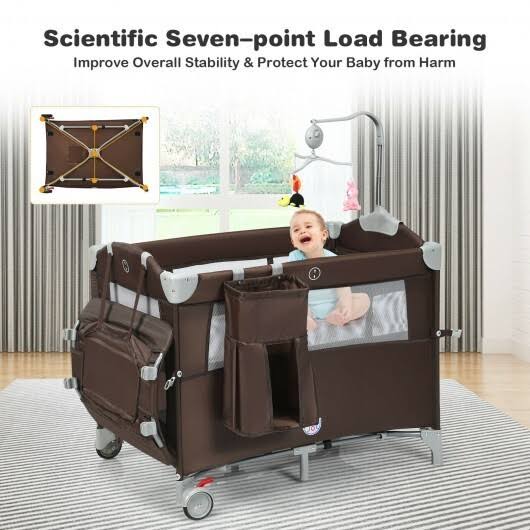 5-in-1 Portable Baby Beside Sleeper Bassinet Crib Playard with Diaper Changer-Beige | Costway