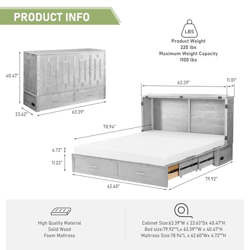 Queen Murphy Bed, Murphy Bed Cabinet with Charging Station, Storage Drawers & Foldable Mattress, Space-Saving Murphy Bed for Living Room & Bedroom (White)