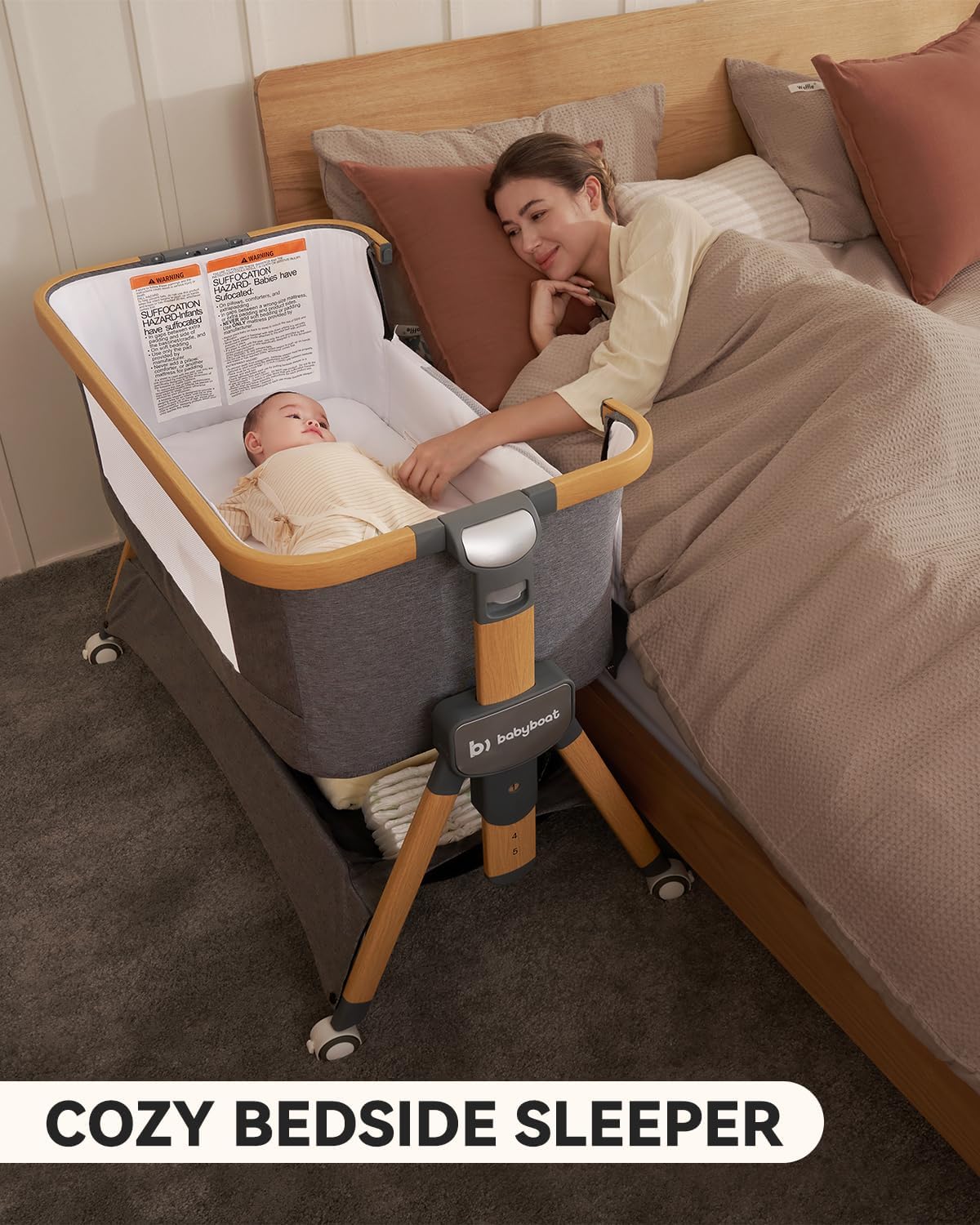 Cozy2, Bedside Bassinet,Travel Bassinet with Bigger Wheels Portable Bassinet Sleeper with Skin-Friendly Mattress,5 Height Adjustable Bedside Crib for Baby - Wood