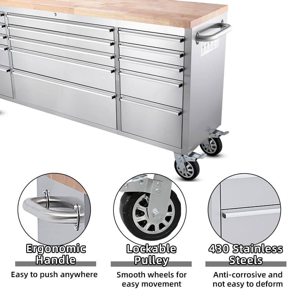 72-inch Stainless Steel Rolling Tool Chest with 15 Drawers, Lockable Mobile Storage Cabinet for Garage, Workshop, and Home