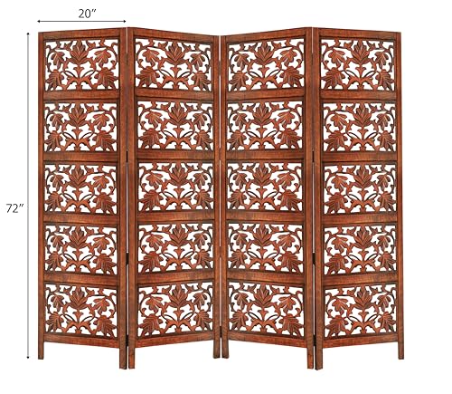 Room Divider Wood Screen - Ghanti Bells Antique Brown - 4 Panel Folding 72 x 80 - Assembled Hand Carved Decorative Functional Versatile Portable Partition Reversible Privacy Boho - COTTON CRAFT