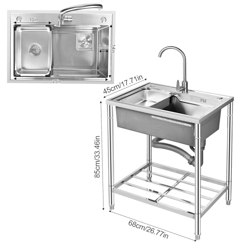 Stainless Steel Freestanding Sink,Freestanding Camping Single Bowl Sinks,Outdoor Utility Sinks,with Cold and Hot Water Pipe Faucet,for Outdoor Indoor,Garage Laundry Utility Room.