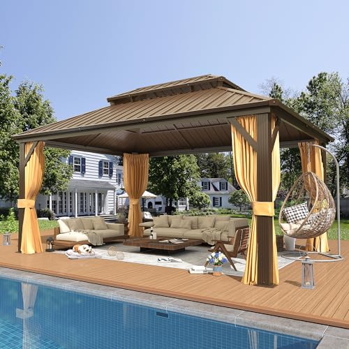 EROMMY 10' x 12' Hardtop Gazebo, Aluminum Frame Gazebos with Galvanized Steel Double Roof, Permanent Outdoor Metal Pavilion with Curtain and Netting for Patio, Lawn, Deck