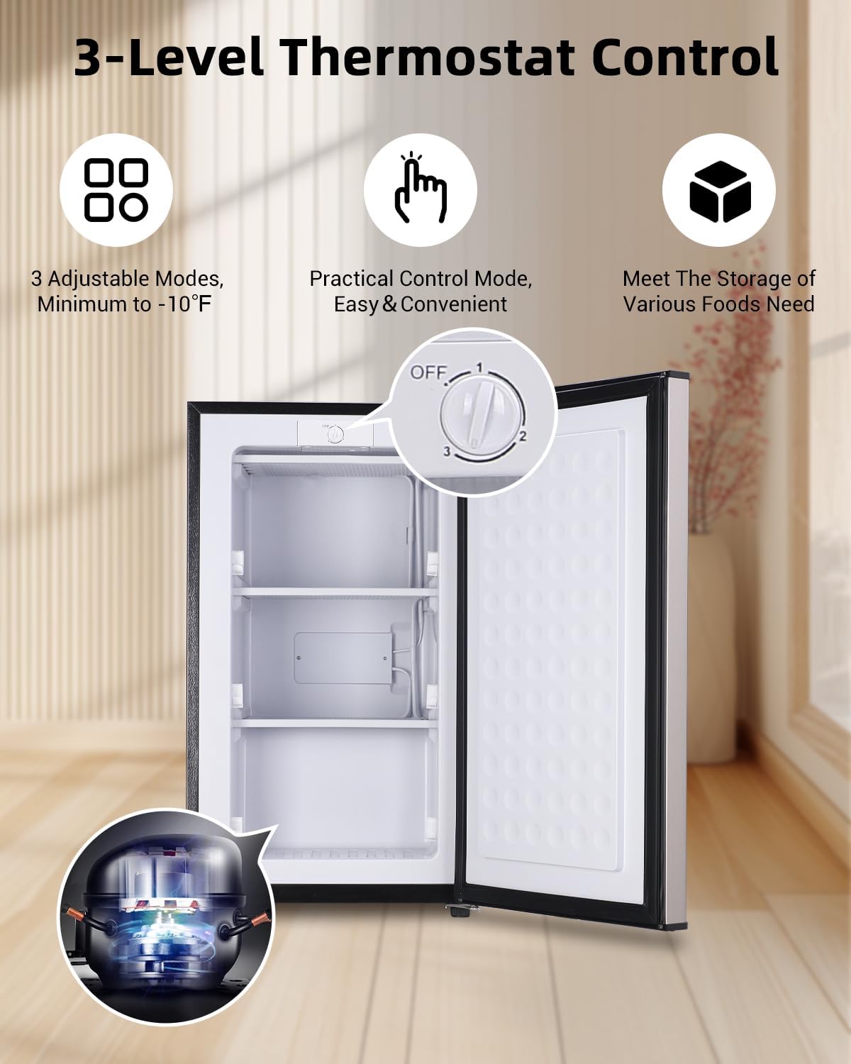3.2 Cu. Ft. Compact Upright Freezer with 2 Shelves and 3 Level Adjustable Thermostat, Ideal for Office, Bar, Kitchen and Dorm, Silver