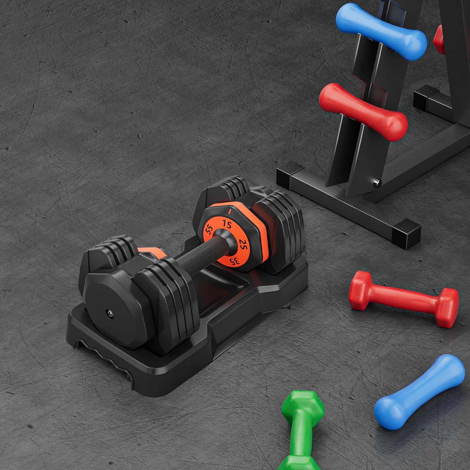 55LB 5 in 1 Single Adjustable Dumbbell Free Dumbbell Weight Adjust with Anti-Slip Metal Handle, Ideal for Full-Body Home Gym Workouts, Black