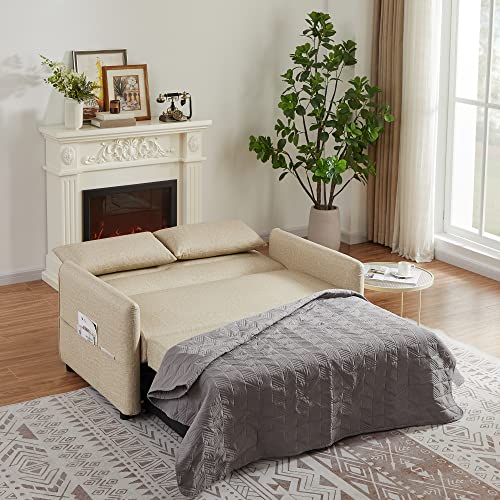 Aoowow Convertible Sleeper Sofa Bed 57 Inches, Velvet 2 Seats Sofa with Pull Out Bed,Loveseat Sofa Couch with Adjustable Backrest, 2 Pillows Side Pocket for Living Room Small Apartment (Light Brown)