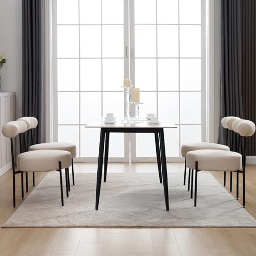 Shunzhi Modern Linen Fabric Dining Chairs Set of 2 Upholstered Dining Room Chairs with Round Seat, Kitchen Chairs Accent Side Chair with Barrel Back/Black Metal Legs for Kitchen/Dining Room, Beige
