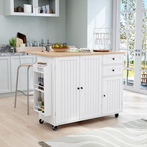 HLR Kitchen Island with Storage, Rolling Kitchen Island on Wheels with Drop-Leaf Bar Countertop, Island Table for Kitchen with Side Open Spice Rack and Tower Rack, Extra Storage for Kitchen