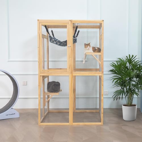 ISDAY Extra Large Outdoor Cat House Wooden Cat Cage Waterproof Roof Catio Outdoor Cat Enclosure - Cat Play & Run Enclosures Cat Playpen Window Cats Crate with 7 Platform and 2 Resting Box (Orange)