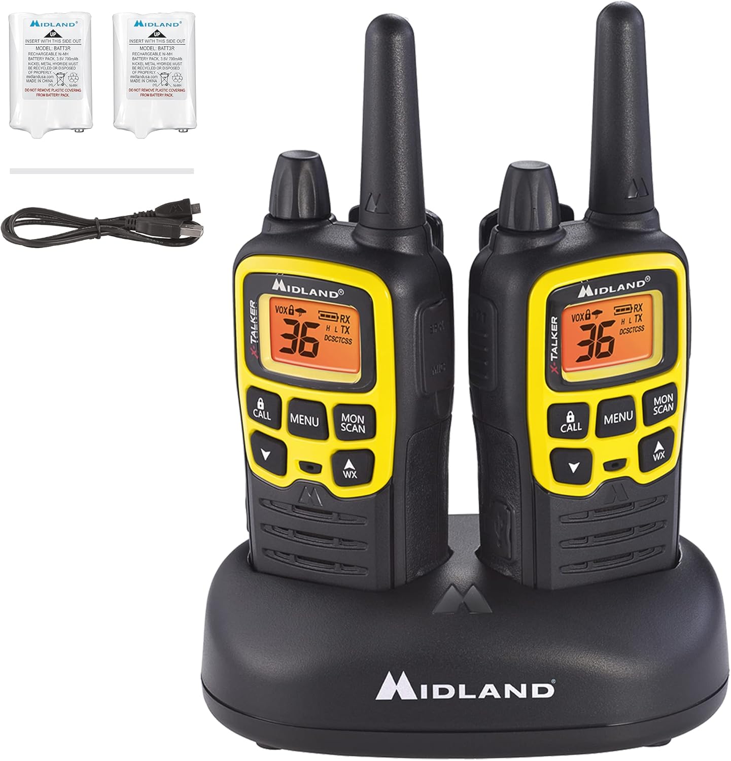 Midland X-TALKER 36 Channel FRS Two-Way Radio - Long Range Walkie Talkie, 121 Privacy Codes, & NOAA Weather Scan + Alert (Black/Yellow, 2-Pack)
