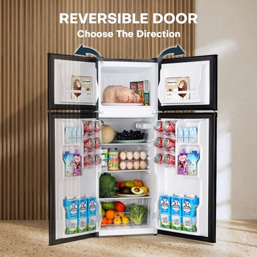 Upstreman 4.0 Cu.Ft. Small Refrigerator with Freezer, Dorm Essentials, Double Door Mini Fridge for Office, Dorm, Bedroom, Adjustable Thermostat, Large Capacity, Black-BR401