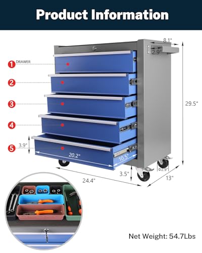 Heavy-Duty 7-Drawer Rolling Tool Chest with Wheels, Steel Tool Storage Cabinet with Lock & Liner for Workshop for Workshop/Garage - Includes 7 Organizer Boxes, Black
