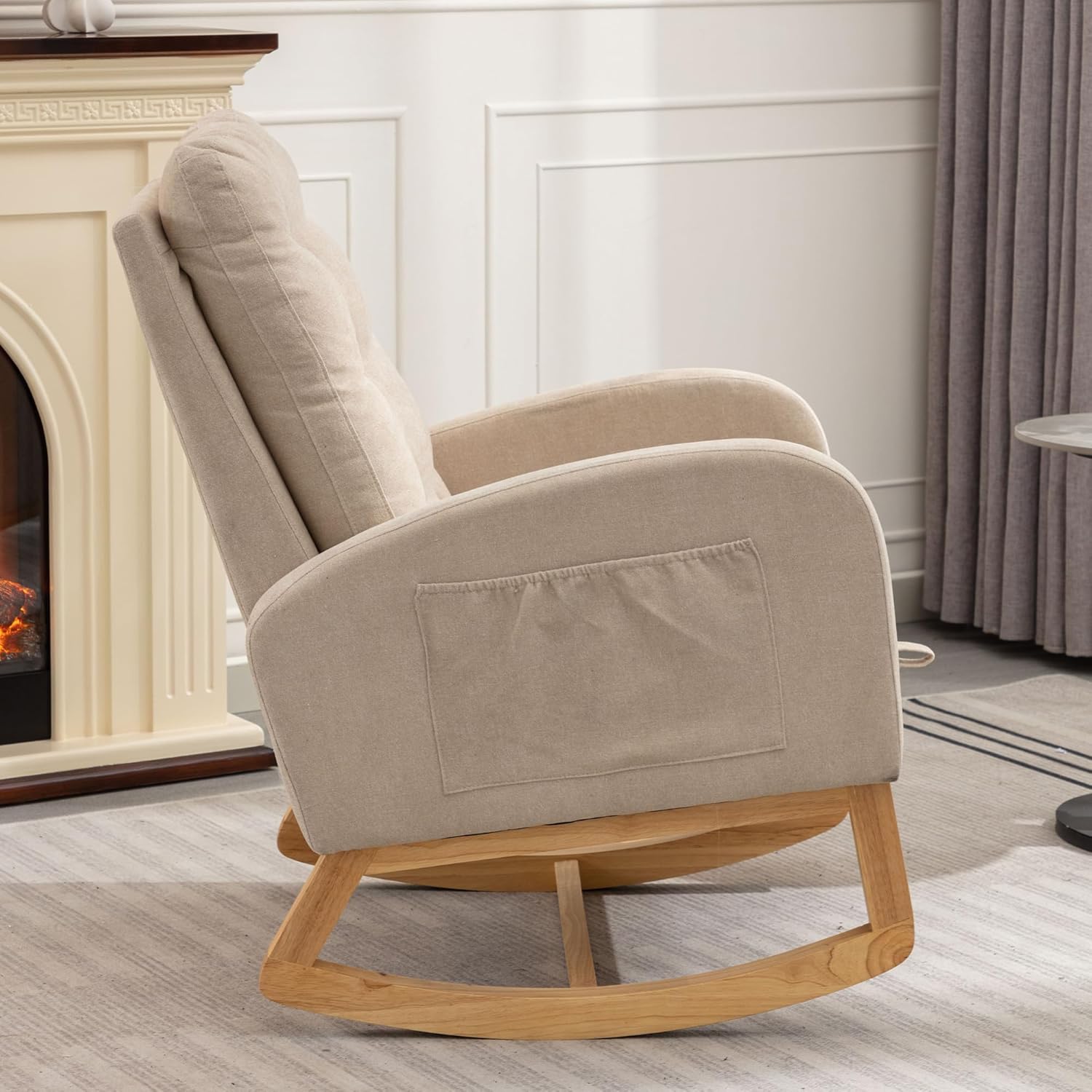 Rocking Chair Set of 1, Upholstered Glider Rocker with High Backrest Armchair, for Living, Bedroom, Nursery Room, Beige