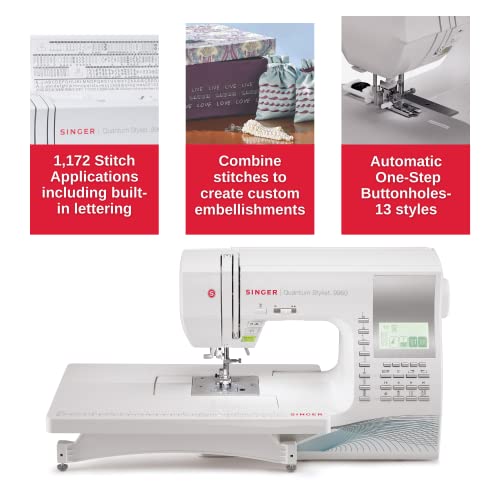 SINGER Quantum Stylist 9960 Computerized Sewing & Quilting Machine with Extension Table, Hard Case & Accessories | 600 Stitches, Lettering, LED Light, 1-Step Buttonhole & High-End Touch Controls
