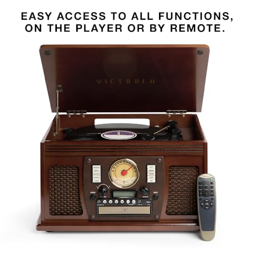Victrola Navigator 8-in-1 Bluetooth Record Player with Built-in Speakers– 3 Speed Turntable, CD Player, Cassette, FM Radio, USB, RCA Out, Headphone Jack, Wireless Music Streaming, Real Wood (Mahogany)
