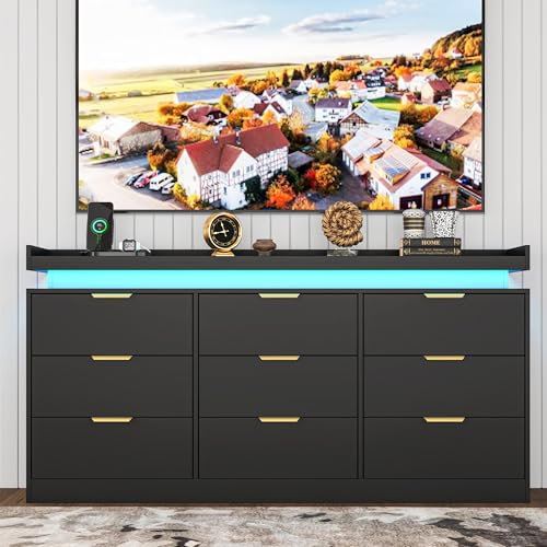White Dresser with LED Lights, Wooden LED Dresser, 4 Drawer Chest with Charging Station, Tall Chest of Drawer Closet Organizer for Bedroom, Living Room, Entryway, Hallway