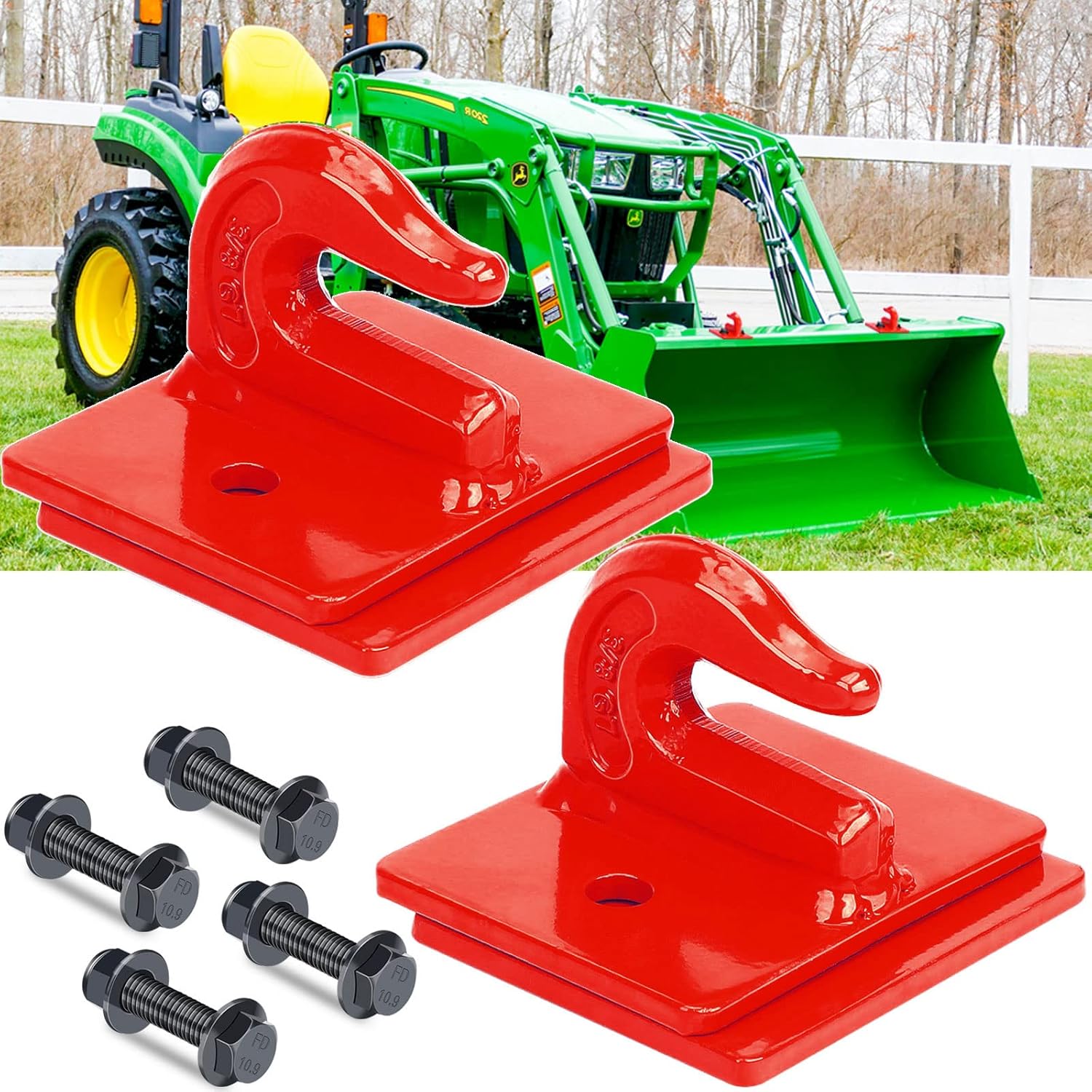 AUTOBOTS Tractor Bucket Hooks 3/8" (2 Pack),Max 15,000 lbs, Bolt On Hooks for Tractor Bucket,Heavy Duty Grab Hook Tow Hook,Indispensable Tractor Bucket Accessories for Rv,Utv,Truck,Red Pack of 2