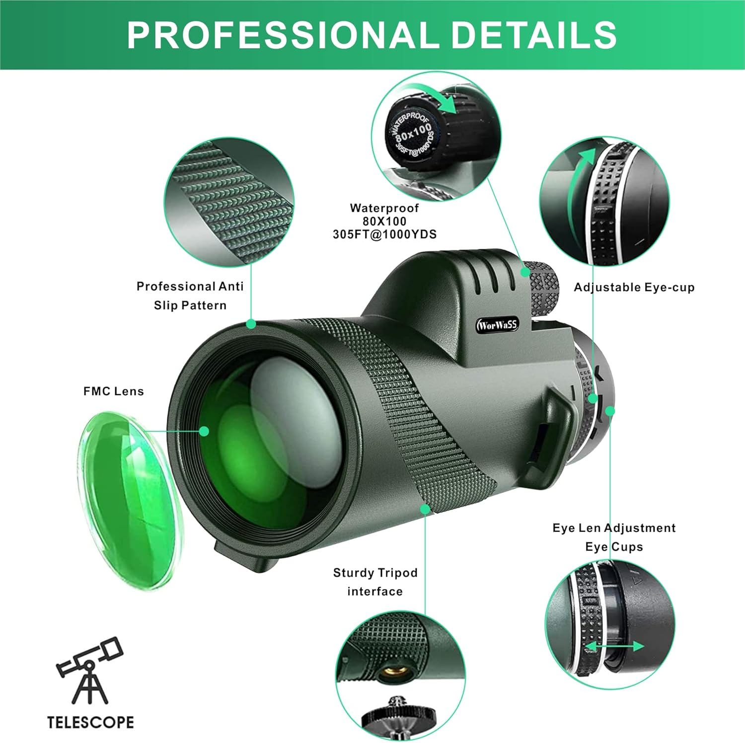 Starscope Monocular Telescope for adults-80X100 High Power Night Vision-BAK4 Prism-HD Monoculars for Smartphone Holder-Upgraded Tripod-for Bird Watching Hunting Hiking Camping Gifts for Man
