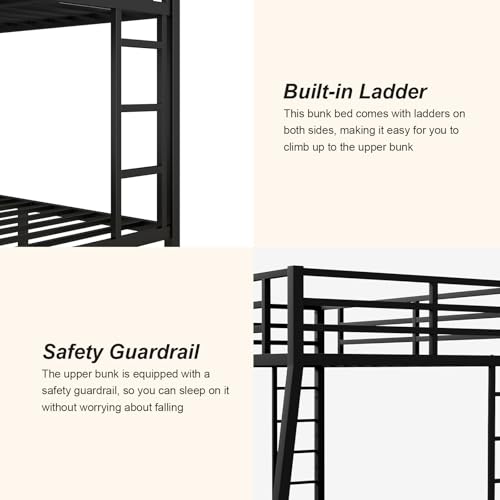 Twin XL Over Twin XL Bunk Bed, Metal Bunk Bed Frame Heavy Duty Bunk Beds Loft Bed Frame with Ladder and Guardrail Metal Slats No Box Spring Required for Adults Teens, Black