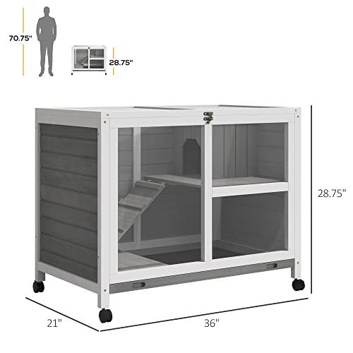 PawHut Indoor Rabbit Hutch with Wheels, Desk and Side Table Sized, Wood Rabbit Cage, Waterproof Small Rabbit Cage, Natural