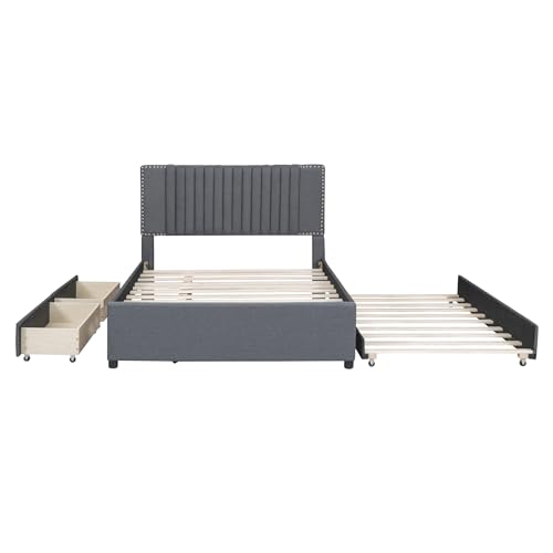 Full Size Linen Upholstered Platform Bed Frame with Twin XL Trundle and 2 Drawers Classic Headboard Design No Box Spring Required Noise Free Strong Wood Slat Support Easy to Assemble Beige