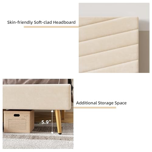 GAOMON King Size Bed Frame, Velvet Upholstered Platform Bed with Adjustable Headboard, Solid Wood Slats Support, No Box Spring Needed, Noise Free, Easy Assembly (King, Blue)