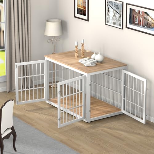 48 Inch Heavy Duty Dog Crate Furniture for Large Dogs, Decorative Pet House End Table, Extra Large Wooden Cage Kennel Furniture Indoor, Natural and White