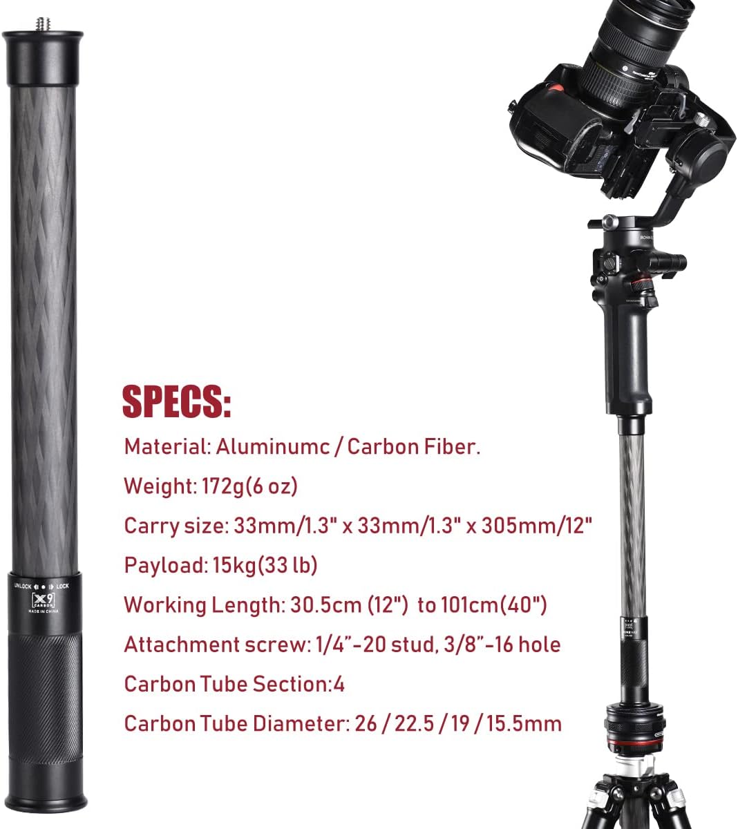 Carbon Fiber Extension Pole,Fast Twisting Lock 4 Section Tube,1/4 Screw Mount Compatible with Camera Phone Gimbal Video Stablizer,Lightweight Camera Stick for Photography