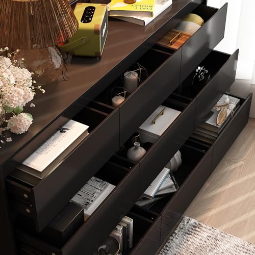 Hitow 9 Drawer Dresser for Bedroom with Deep Drawers, Large Floor Wood Dressers & Chest of Drawers Handle Free, Modern Black Long Dressers for Closet Living Room, Euro Slide (63"W x 15.7"D x 31.5"H)